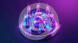 Isometric modern illustration of 5G network technology above a glowing blue neon ring isolated on ultraviolet background