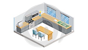 Isometric Modern Kitchen and Dining Area with Bar Stools, vector design Generative AI