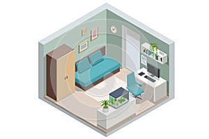 Isometric modern living room interior. A room with a sofa, a wardrobe, a computer on the table and an aquarium on the