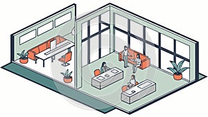 Isometric Modern Office Interior with Desks, Computers, and Collaborative Spaces, vector design Generative AI