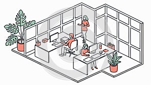 Isometric modern office space, collaborative work environment, vector design Generative AI
