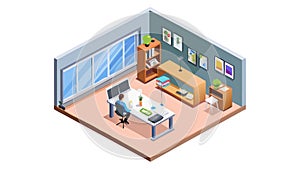 Isometric Modern Office Workspace with Collaborating Team, vector design Generative AI