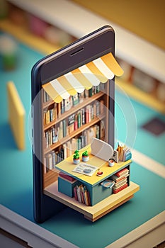 Isometric modern online bookstore or library concept, e-books app for reading