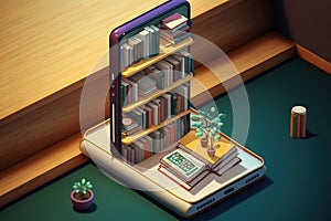 Isometric modern online bookstore or library concept, e-books app for reading