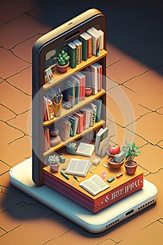 Isometric modern online bookstore or library concept, e-books app for reading