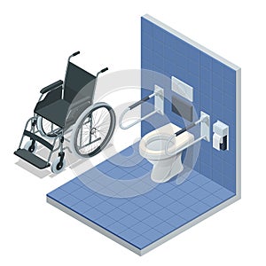 Isometric modern restroom for disabled people. Bathroom for the elderly and disabled, with grab bars and wheelchair