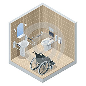 Isometric modern restroom for disabled people. Bathroom for the elderly and disabled, with grab bars and wheelchair