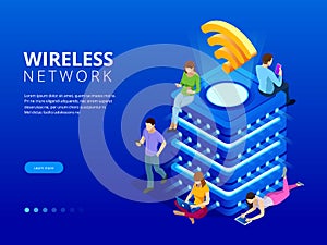 Isometric Modern server with wireless network connection concept. Communication technology. People Working Technology