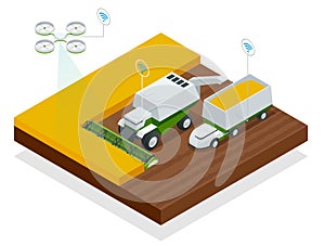 Isometric modern smart robots in agriculture, iot smart industry robot 4.0 combined harvester-thresher in the field