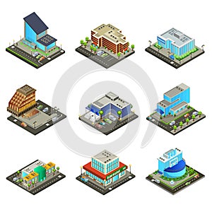 Isometric Modern Supermarket Buildings Set