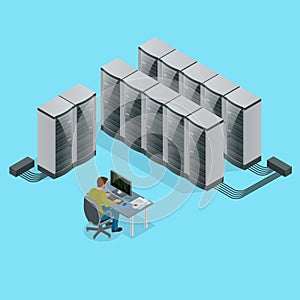 Isometric Modern web network and internet telecommunication technology, big data storage and cloud computing computer