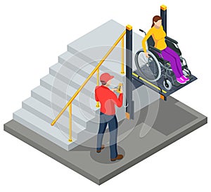 Isometric modern wheelchair lift near the building. The special elevator for the disabled. Adaptation for people with