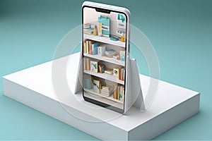 Isometric modern white online bookstore or library concept, e-books app