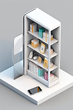 Isometric modern white online bookstore or library concept, e-books app