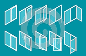 Isometric modern white plastic windows set with transparent glass. Vector illustration of open and close window.