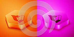 Isometric Molten gold being poured icon isolated on orange and pink background. Molten metal poured from ladle. Hexagon