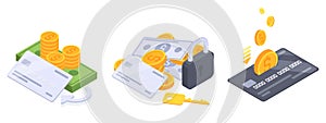 Isometric money, 3d cash dollars, gold coins and credit card. Dollar bills, coins stack and banking banknotes heap, financial