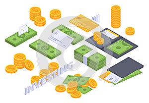 Isometric money banknote, cash dollars, gold coins stack. Dollar bill, banking banknotes heap, money wallet and credit cards 3d