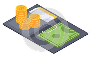 Isometric money. Dollar bills, cash dollars banknote, gold coins stack, money wallet and credit cards 3d vector illustration