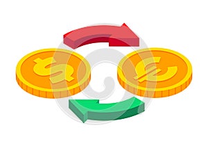 Isometric money exchange icon. Euro to dollar cash exchange. Gold coins with circle arrows sign. 3d Cash, currency