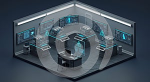 Isometric Monitoring Room with Data Screens and Computer Stations