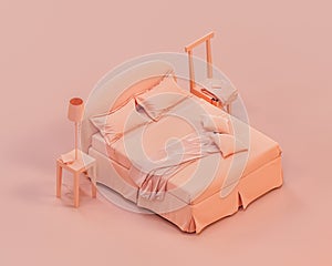 Izometrický spálňa scéna dvakrát posteľ list deka vankúše strana tabuľky. oranžový ružový farba 