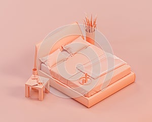 Izometrický spálňa scéna dvakrát posteľ list deka vankúše strana tabuľky. oranžový ružový farba 