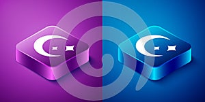 Isometric Moon and stars icon isolated on blue and purple background. Square button. Vector