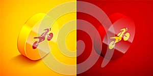 Isometric Motorcycle icon  on orange and red background. Circle button. Vector