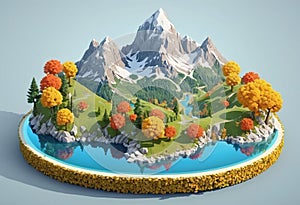 Isometric mountrain landscape, mountain tourism in autumn