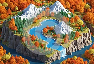 Isometric mountrain landscape, mountain tourism in autumn