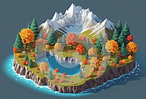 Isometric mountrain landscape, mountain tourism in autumn