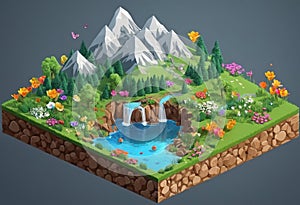 Isometric mountrain landscape, mountain tourism spring