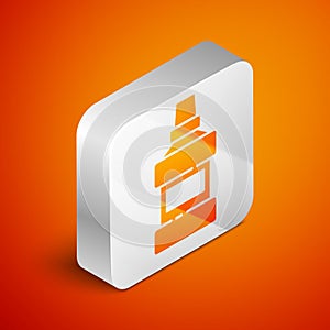 Isometric Mouthwash plastic bottle and glass icon isolated on orange background. Liquid for rinsing mouth. Oralcare