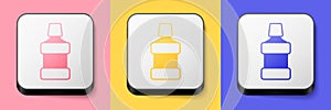 Isometric Mouthwash plastic bottle icon isolated on pink, yellow and blue background. Liquid for rinsing mouth. Oralcare