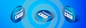 Isometric Movie clapper icon isolated on blue background. Film clapper board. Clapperboard sign. Cinema production or