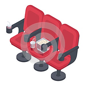 Isometric movie theatre red chairs. Empty cinema seats with popcorn and soda pop, cinema chairs for watching film on big screen 3d