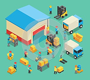 Isometric moving cargo and warehousing employees