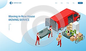 Isometric Moving Company Worker Carrying Boxes and Furniture, Truck Delivering. Delivery Truck Full of Home Stuff Inside