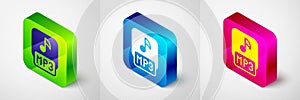 Isometric MP3 file document. Download mp3 button icon isolated on grey background. Mp3 music format sign. MP3 file