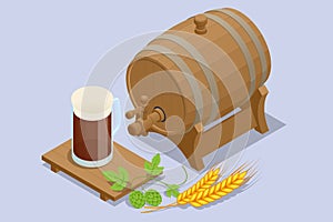 Isometric mug of beer, wheat ears, green hops and beer barrel. Oktoberfest beer barrel, Brewery beer production.