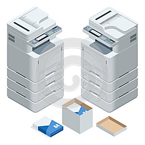 Isometric multifunction office printer. Office professional multi-function printer scanner isolated flat vector