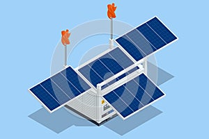 Isometric multifunctional electricity generator. Solar panels, wind panels and a diesel generator all-in-one.