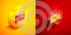 Isometric Multimedia and TV box receiver and player with remote controller icon isolated on orange and red background