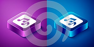 Isometric Music note, tone icon isolated on blue and purple background. Square button. Vector