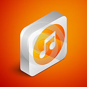 Isometric Music note, tone icon isolated on orange background. Silver square button. Vector