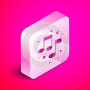 Isometric Music note, tone icon isolated on pink background. Silver square button. Vector