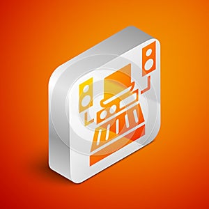 Isometric Music sound recording studio control room with professional equipment icon isolated on orange background