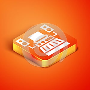 Isometric Music sound recording studio control room with professional equipment icon isolated on orange background