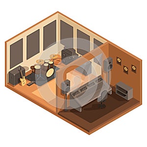 Isometric music studio with equipment